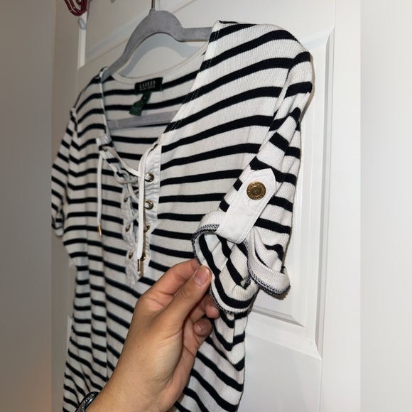 Lauren Ralph Lauren Black and White Lace-Up Tee - Picture 3 of 4
